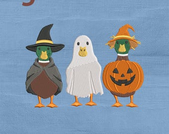 Halloween Duck Trio Embroidery Design, Ghost Witch Pumpkin Mallard Machine Embroidery File, Instant Download