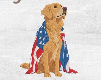 Patriotic Dog with American Flag Embroidery Design, Golden Retriever America 4th July Embroidery File