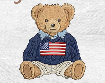Teddy Bear USA Flag Embroidery Design, Baby Bear Patriotic America Outfit Machine Stitch File