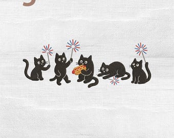 Patriotic Cats Embroidery Design, 4th of July Cat Fireworks Hot Dog Machine Embroidery File