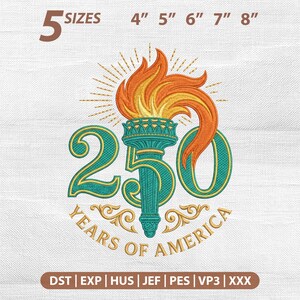 以下が含まれることがあります： 炎のトーチ、数字の250、そして「YEARS OF AMERICA」の文字が刺繍されたデザイン。 デザインはティール、ゴールド、オレンジで、サイズは10 cmから20 cmです。
