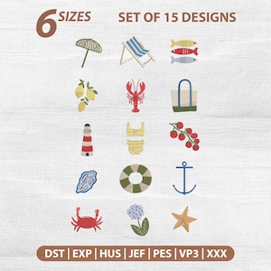Puede incluir: Un conjunto de 15 diseños de bordado con temática de playa, que incluyen una sombrilla, una silla de playa, peces, una langosta, un bolso de mano, un faro, un traje de baño, tomates, una concha, un salvavidas, un ancla, un cangrejo, una flor y una estrella de mar. El texto dice "6 TAMAÑOS" y "CONJUNTO DE 15 DISEÑOS".