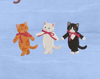 Dancing Cats Embroidery Design Bundle, Set 3 Coquette Bow Kitten Ribbon Machine Embroidery File