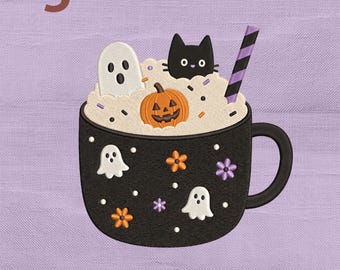 Halloween Coffee Cup Embroidery Design, Spooky Ghost Black Cat Pumpkin Latte Mug Embroidery File