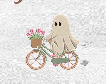 Ghost Floral Bicycle Embroidery Design, Spooky Fall Tulip Flower Halloween Bike Machine Embroidery File