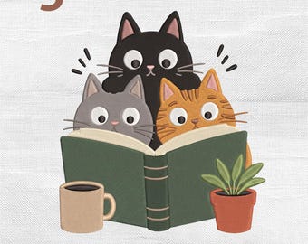 Cats Reading Book Embroidery Design, Bookish Cat Trio Coffee Plant Bookworm Machine Embroidery File