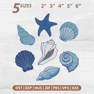 Könnte beinhalten: Stickmuster von Muscheln in Blau- und Weißtönen, darunter ein Seestern, Muscheln und Jakobsmuscheln. Der Text zeigt fünf Größen von 5 cm bis 15 cm an. Das Bild enthält auch Dateityp-Abkürzungen.