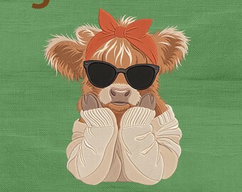 Fall Vibes Highland Cow Embroidery Design, Girly Farmhouse Calf Sweater Sunglasses Machine Embroidery File