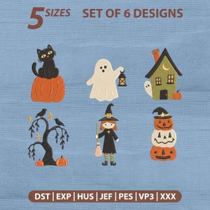 Paquete de diseños de bordado de Halloween: Gato, Calabaza, Bruja, Fantasma, Linterna, Casa Embrujada, Árbol. Archivos de bordado.