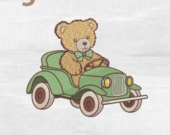 Teddy Bear Vintage Car Embroidery Design, Baby Bear Nursery Machine Stitch File, Instant Download