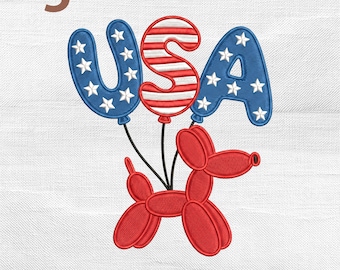 Patriotic USA Dog Balloon Embroidery Design, 4th July American Flag Balloons Machine Embroidery File