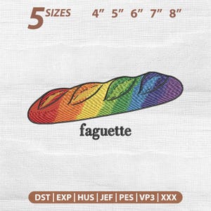 Op de afbeelding: Geborduurd baguette-ontwerp in regenboogkleuren. De afbeelding bevat de tekst "faguette" en maatopties van 10 cm tot 20 cm. Het ontwerp is verkrijgbaar in 5 maten. De afbeelding bevat ook bestandstype-opties.