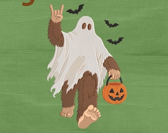 Ghost Bigfoot Embroidery Design, Spooky Sasquatch Pumpkin Halloween Trick or Treat Machine Embroidery File