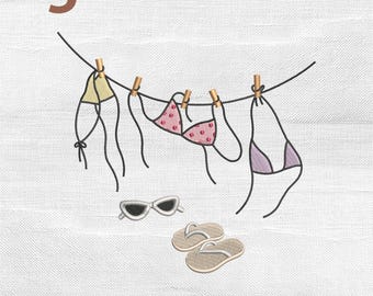 Summer Beach Clothesline Embroidery Design, Bikini Swimsuit Sunglasses Flip Flop Embroidery File, Instant Download