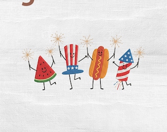Patriotic 4th July Food Embroidery Design, Watermelon Hotdog Firecracker Rocket Independence Day Embroidery File