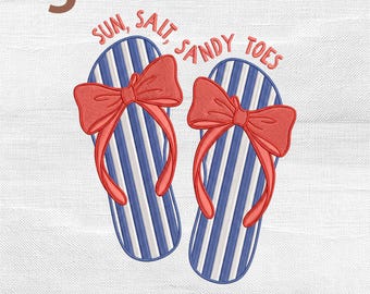 Summer Flip Flops Embroidery Design, Sun Salt Sandy Toes Beach Vibes Machine Embroidery File