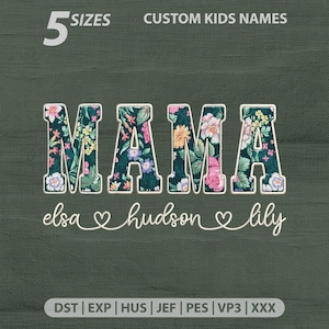 Puede incluir: Un diseño floral "MAMA" con los nombres "elsa", "hudson" y "lily" en fuente cursiva. El texto "5 TAMAÑOS" y "NOMBRES DE NIÑOS PERSONALIZADOS" están en la parte superior. El diseño está sobre un fondo verde.
