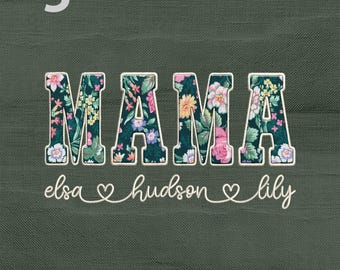 Personalized Floral Mama With Kids Names Applique Embroidery Design, Custom Family Name Machine Embroidery