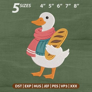 Fall Silly Goose Baguette Embroidery Design, Cozy Autumn Vibes Baby Duck Scarf Embroidery File