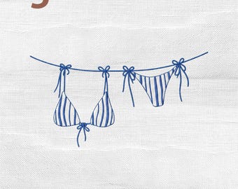 Blue Stripes Bikini Clothesline Embroidery Design, Summer Swimsuit Machine Embroidery File, Beach Vacation Stitch