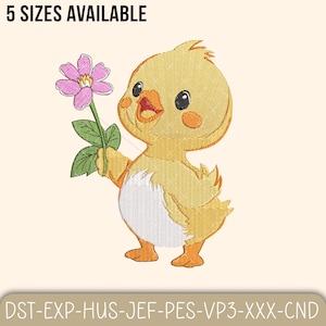 May include: Embroidered design of a yellow chick holding a pink flower with green leaves. The chick has an orange beak and feet, with black eyes and rosy cheeks. Text at the top says "5 SIZES AVAILABLE".