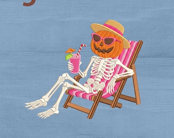 Pumpkin Skeleton Summerween Vibes Embroidery Design, Halloween Summer Beach Vacation Coastal Machine Embroidery File