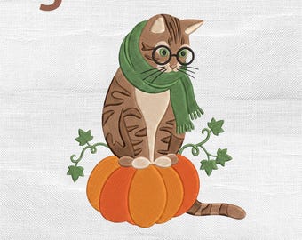 Cat on Pumpkin Embroidery Design, Fall Tabby Cat Glasses Scarf Autumn Machine Stitch File
