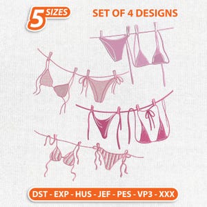 May include: Pink bikini designs hanging on a clothesline. The image shows a set of four different bikini designs, with the text "5 SIZES" and "SET OF 4 DESIGNS". The bottom of the image has the text "DST - EXP - HUS - JEF - PES - VP3 - XXX".