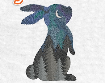 Bunny Silhouette Embroidery Design, Night Forest Rabbit Machine Stitch File, Mountain Forest, Digital Download