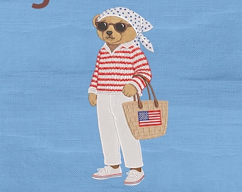Patriotic Summer Teddy Bear Embroidery Design, Americana Bear Women 4th July Machine Stitch File