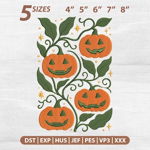 May include: An embroidery design featuring three orange jack-o'-lanterns with green triangular eyes and mouths, connected by dark green leafy vines and small yellow stars. Text at the top reads 5 SIZES 4" 5" 6" 7" 8" and at the bottom DST EXP HUS JEF PES VP3 XXX.