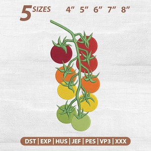Può includere: Un disegno da ricamo di un tralcio con diversi pomodori nelle tonalità del rosso, arancione, giallo e verde. Il testo 5 SIZES 4" 5" 6" 7" 8" appare in alto, e il testo DST | EXP | HUS | JEF | PES | VP3 | XXX appare in basso.