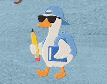 Goose Back to School Embroidery Design, Boy Duck Student First Day Machine Embroidery File