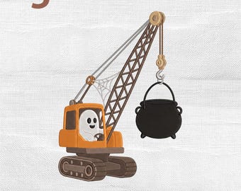 Ghost Crane Embroidery Design, Halloween Spooky Construction Truck Cauldron Boy Kids Machine Embroidery File