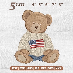 Patriotic Teddy Bear Embroidery Design, Preppy 4th of July Baby Bear Stitch Machine Pattern