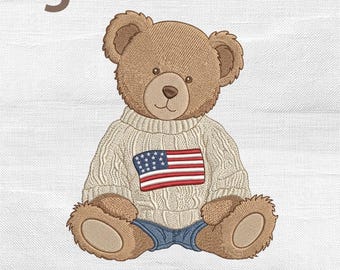 Patriotic Teddy Bear Embroidery Design, Preppy 4th of July Baby Bear Stitch Machine Pattern