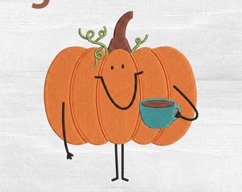 Pumpkin Drink Coffee Embroidery Design, Cozy Fall Autumn Vibes Doodle Character Machine Embroidery File