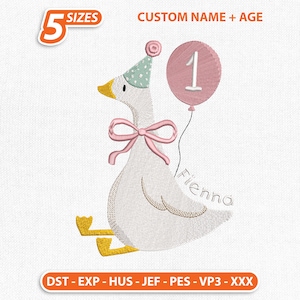 May include: An embroidered design featuring a white goose wearing a party hat and a pink bow. The goose holds a pink balloon with the number 1. Text includes "CUSTOM NAME + AGE" and "Fienna".