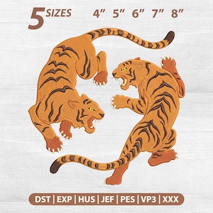 May include: An embroidery design featuring two tigers in orange and brown thread with yellow eyes. The text 5 SIZES 4" 5" 6" 7" 8" appears at the top, and the text DST | EXP | HUS | JEF | PES | VP3 | XXX appears at the bottom.