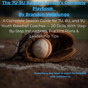 May include: A baseball glove cradles a baseball on a field. The image features text: "The 7U-9U Baseball Coach's Complete Playbook" by Brandon Vallelungo. It's a season guide for youth baseball coaches, including drills, practice plans, and leadership tips.