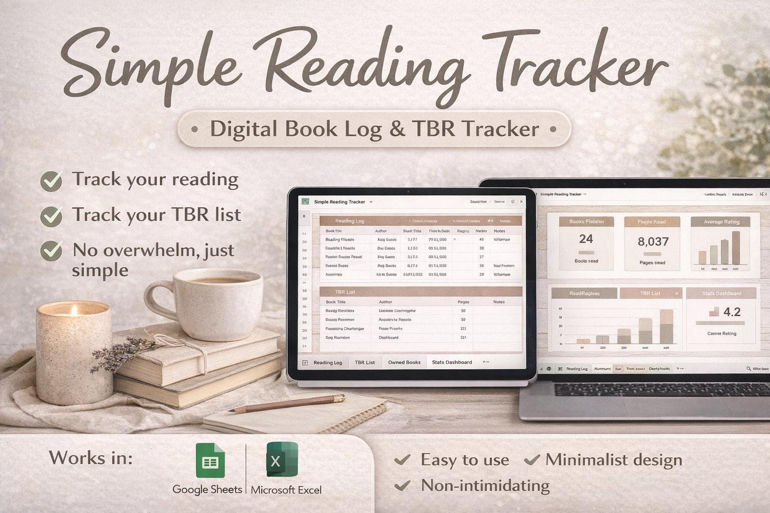 Simple Reading Tracker Spreadsheet Easy Book Log and TBR Tracker Google Sheets & Excel