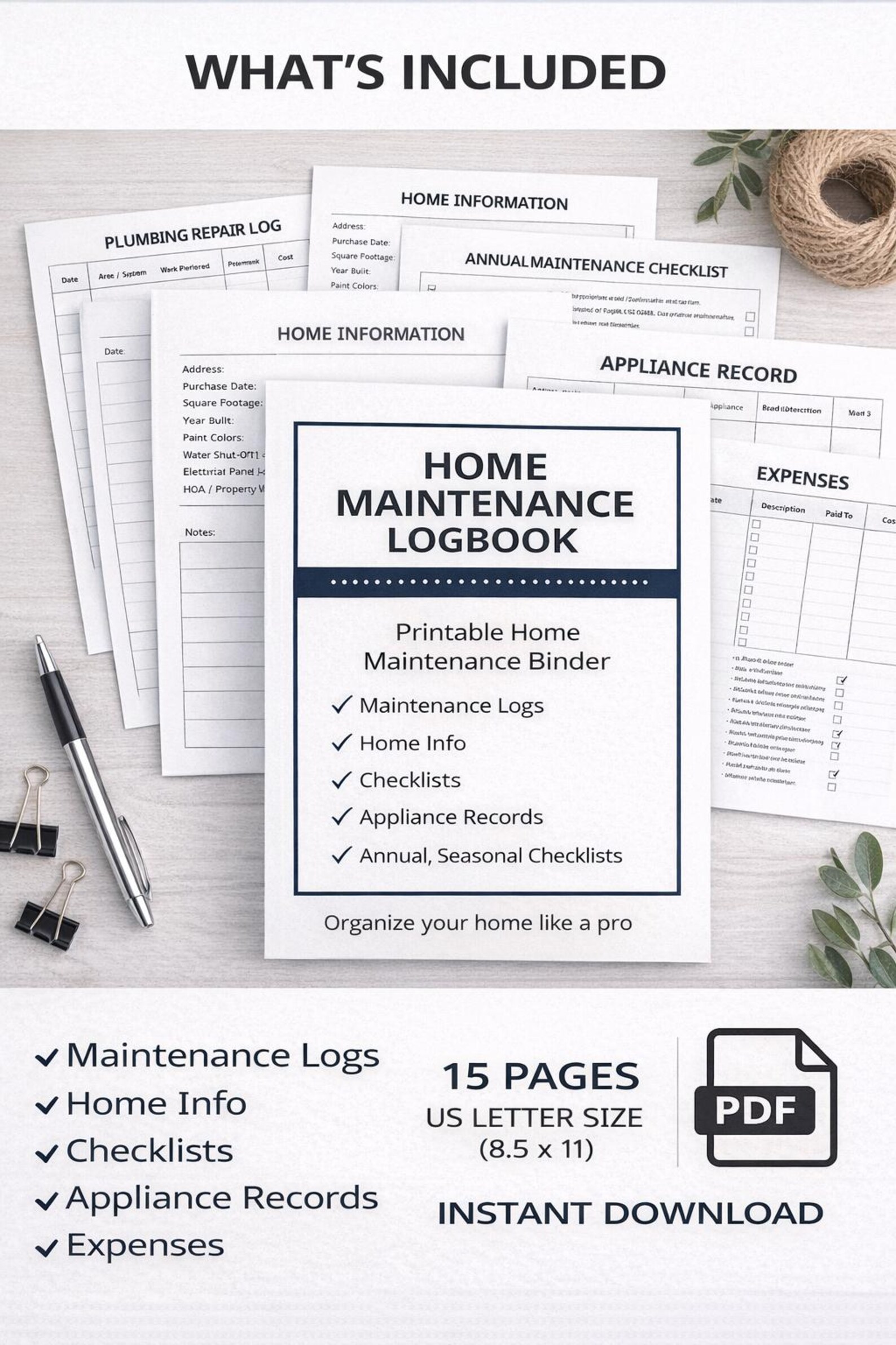 Home Maintenance Logbook Printable | Repair Tracker, Homeowner Binder ...