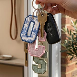May include: A metal keyring holding a brass key, a black car key fob, and three letter-shaped charms. The letter O features a blue and white toile pattern, the letter S is light pink with a textured finish, and the letter S is sage green with a grid pattern.