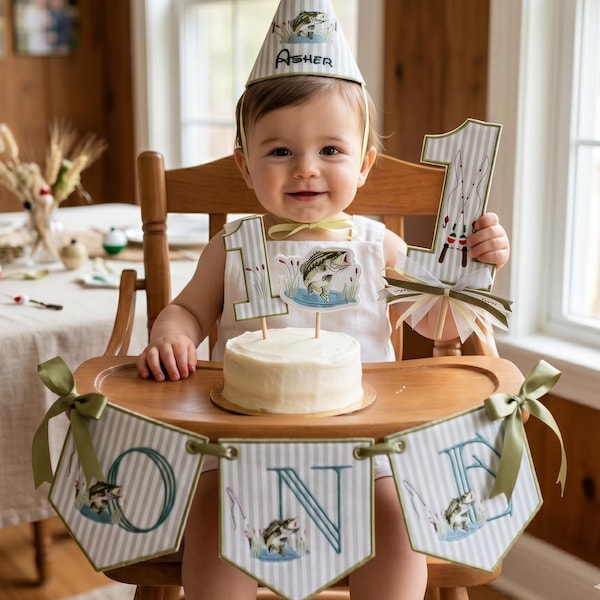 Conjunto personalizado de pesca de lubina para el primer cumpleaños, gorro de cumpleaños de pesca bordado para bebé niño, pancarta para trona con la palabra "ONE" y adorno para pastel.