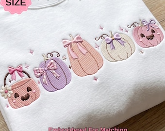 Coquette Pumpkin Embroidery Design, Pink Purple Halloween Pumpkin Row with Bows, Girly Stitch Machine Embroidery File