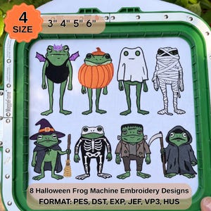 Puede incluir: Ocho diseños de bordado a máquina de ranas de Halloween en un bastidor verde. Las ranas están disfrazadas de murciélago, calabaza, fantasma, momia, bruja, esqueleto, monstruo de Frankenstein y parca. Texto: 4 SIZE 3" 4" 5" 6" y 8 Halloween Frog Machine Embroidery Designs FORMAT: PES, DST, EXP, JEF, VP3, HUS.