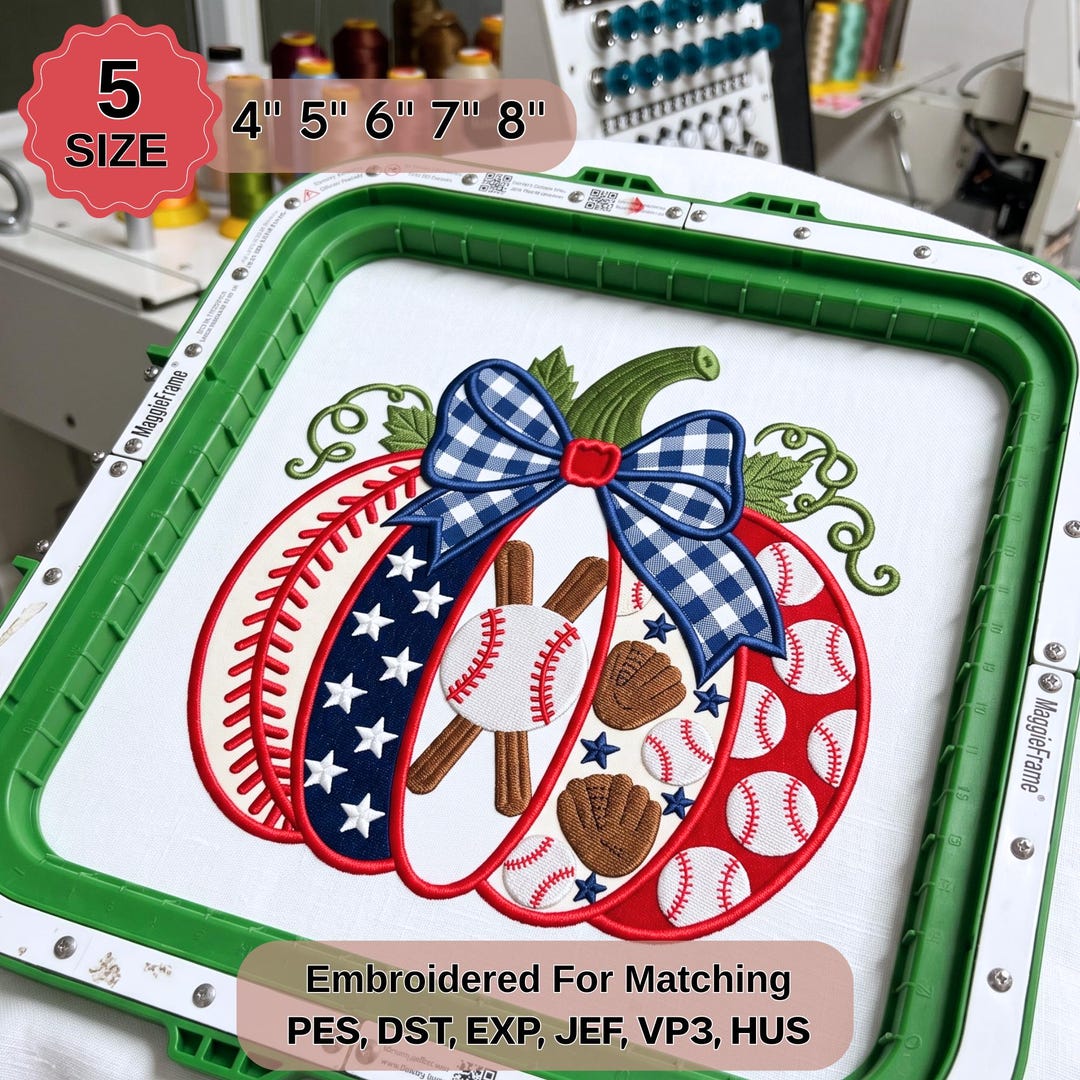 Baseball Pumpkin Applique Embroidery Design, Gingham Bow for Baseball ...