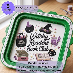May include: A green MaggieFrame embroidery hoop containing white fabric with an embroidered design featuring the text Witchy Readers Book Club, a cauldron, a witch hat, a tote bag, books, a candle, and a mug, with 5 sizes listed as 4, 5, 6, 7, 8 inches.