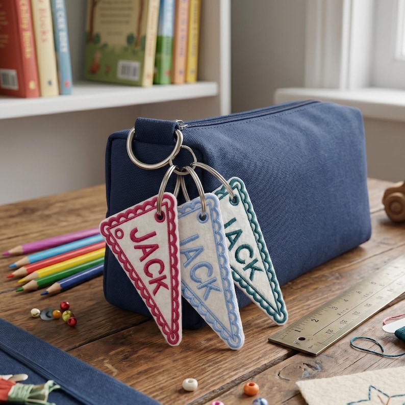 May include: A navy blue canvas pencil case with three triangular felt pennant keychains attached to a metal ring. Each white pennant features a scalloped edge and the name JACK embroidered in red, blue, or green thread respectively.