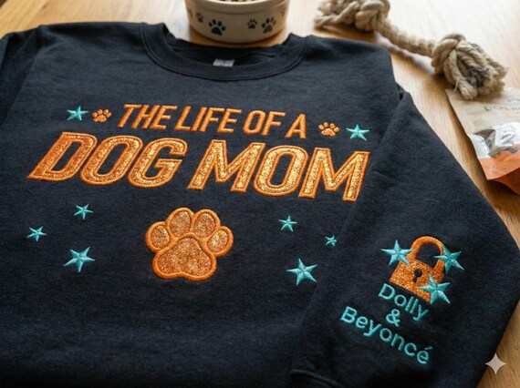 Embroidered The Life of a Dog Mom Sweatshirt, Dog Mom Showgirl Shirt, Orange Glitter Shirt, Dog Mama Gifts, Pet Lover Gift for Women